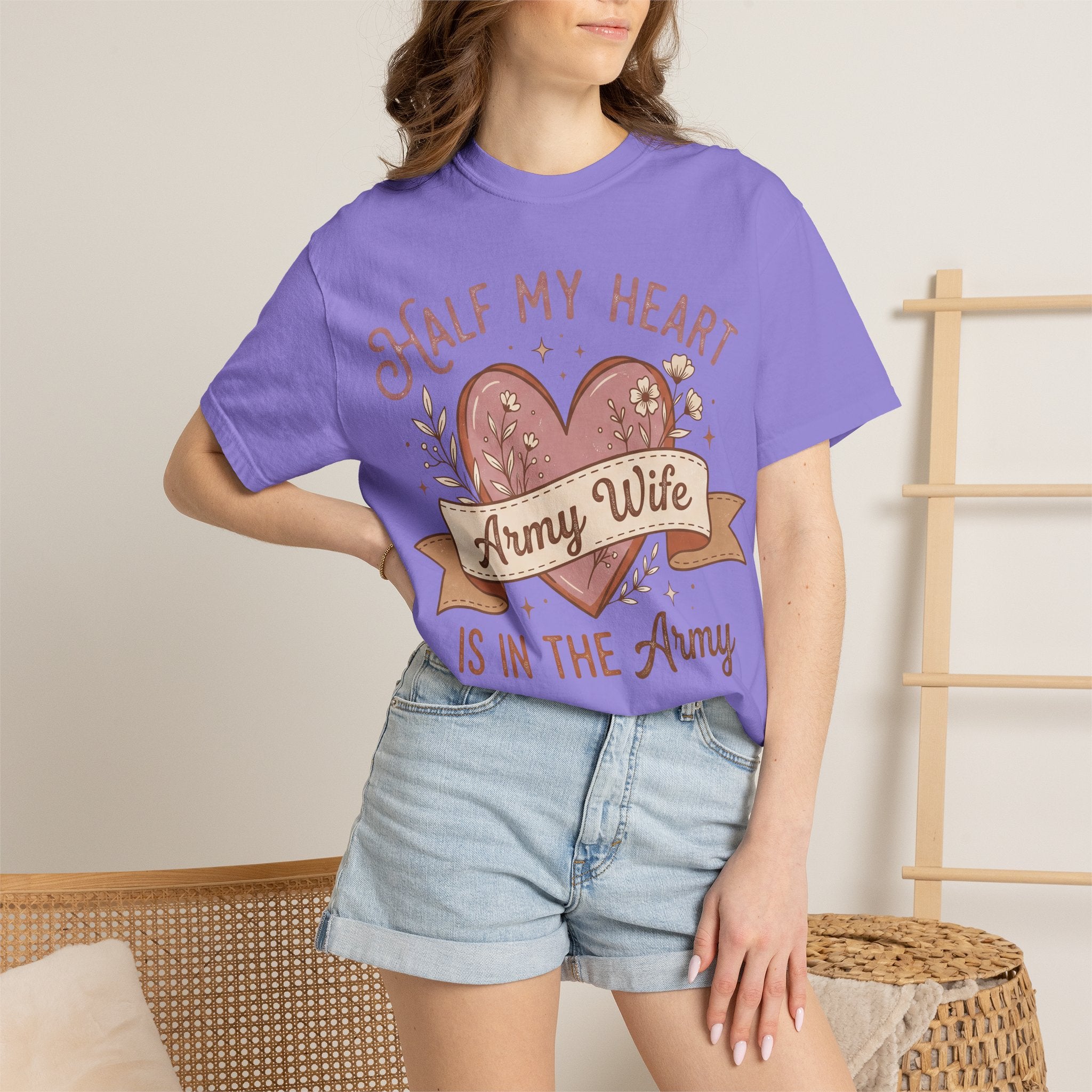 Light purple T-shirt with heart graphic and “Army Wife” banner text, short sleeves