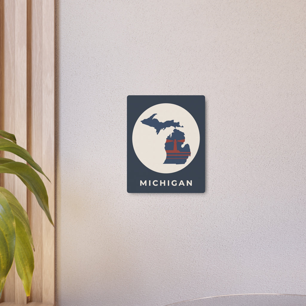 Small Michigan metal wall art sign with circular state map emblem and MICHIGAN word