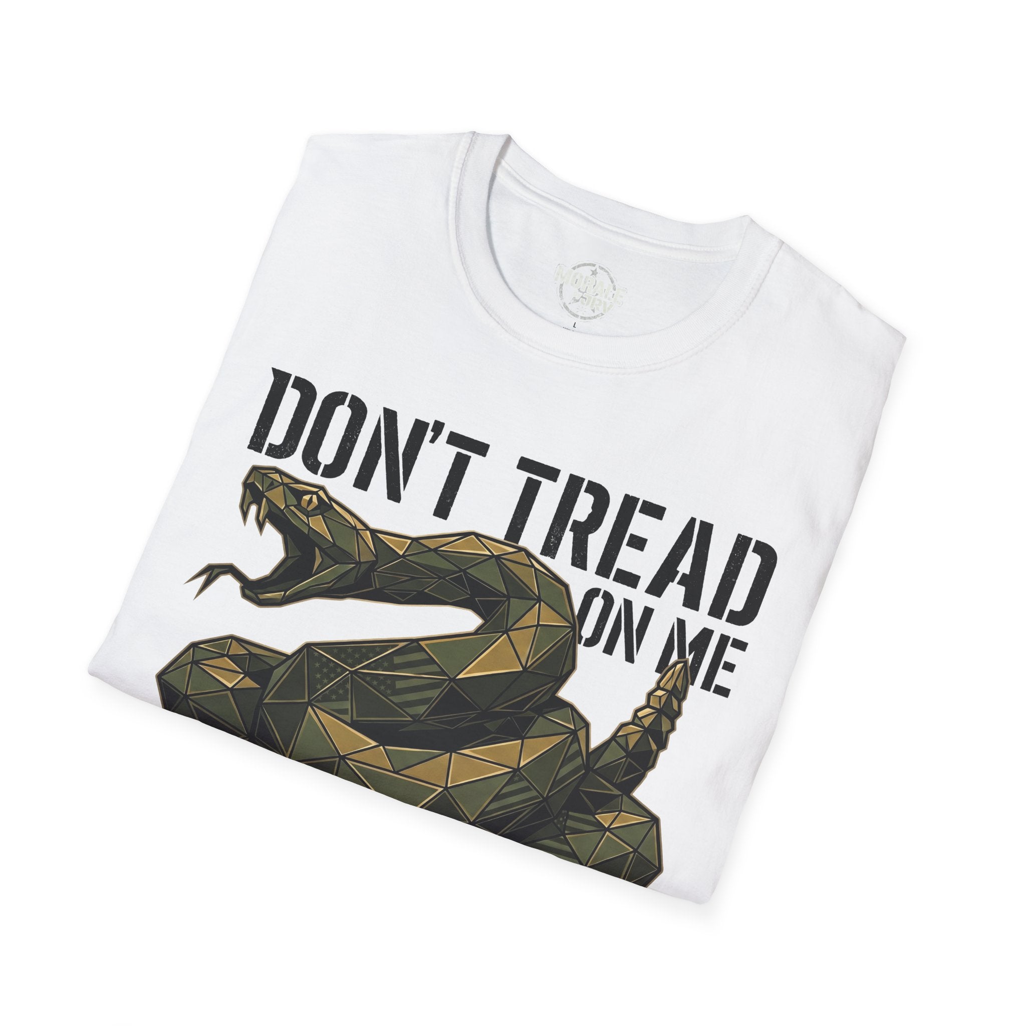 White T-shirt with coiled rattlesnake graphic and "DON’T TREAD ON ME" text, flat lay