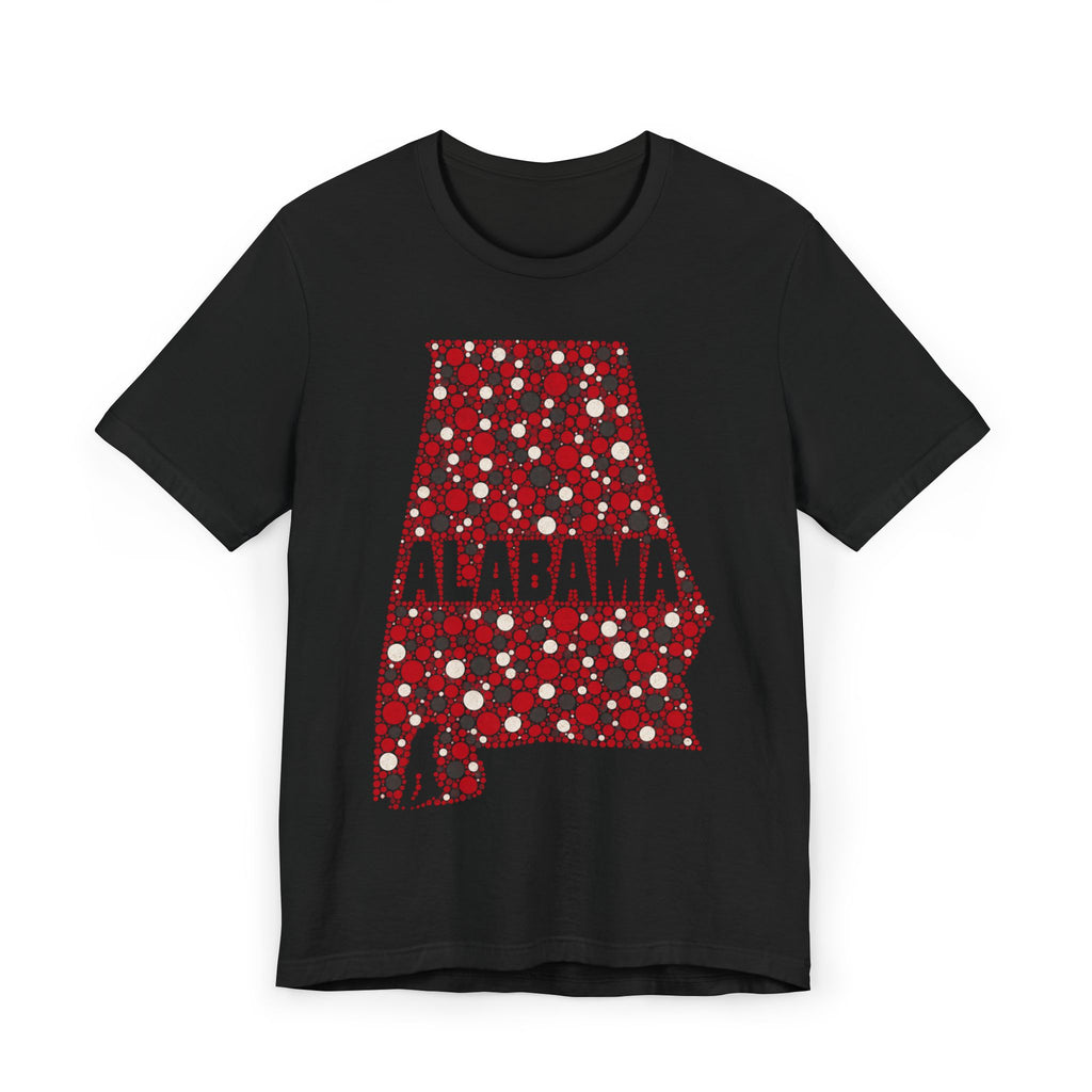 Black Alabama graphic T-shirt with red dotted state outline and “ALABAMA” text