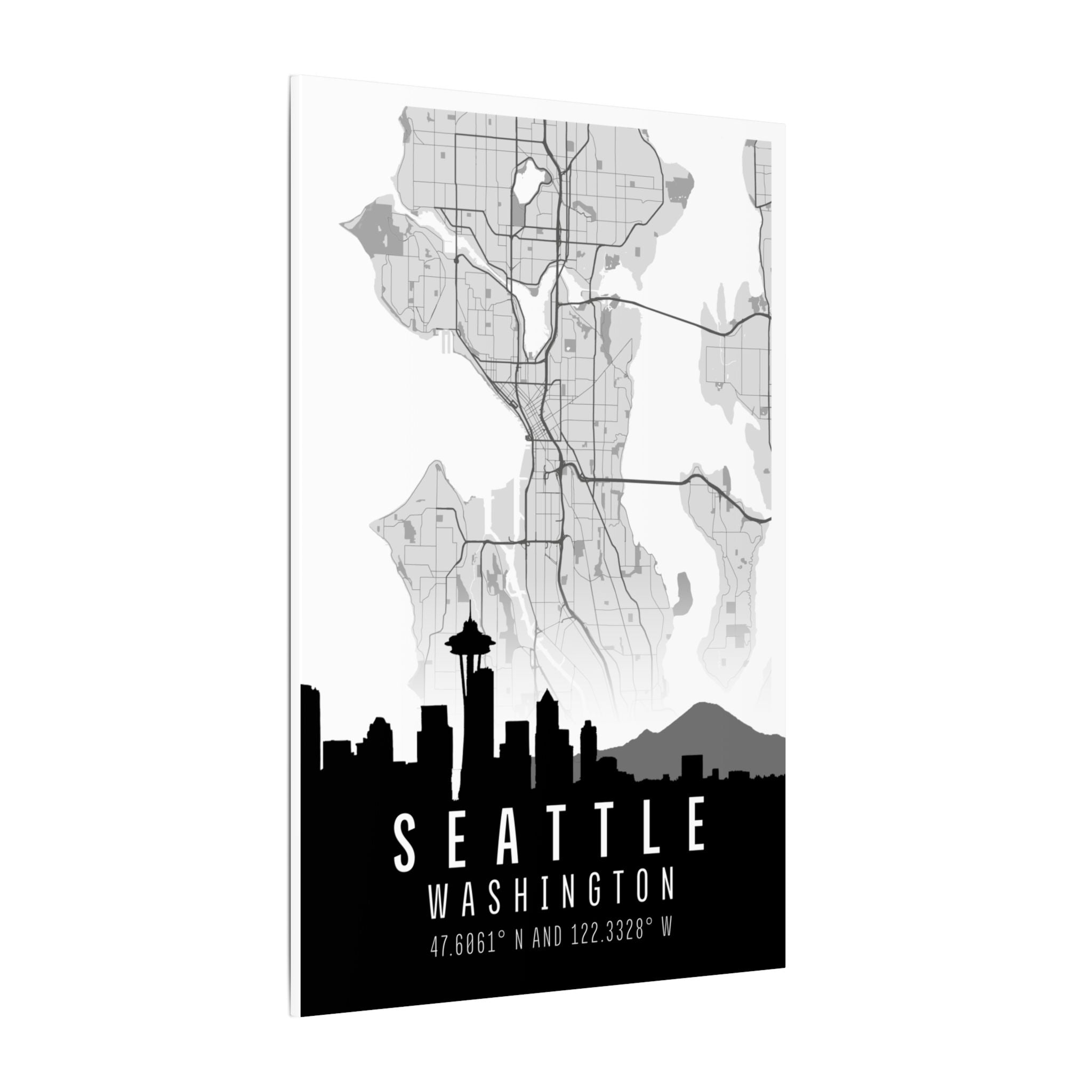 Seattle skyline map on matte canvas, angled view showing city silhouette and map lines.
