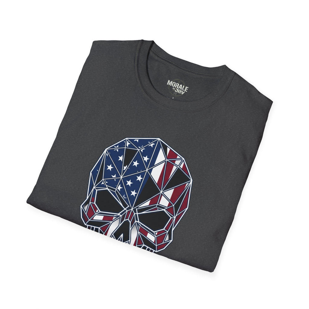 Dark heather T-shirt with American flag skull warrior graphic