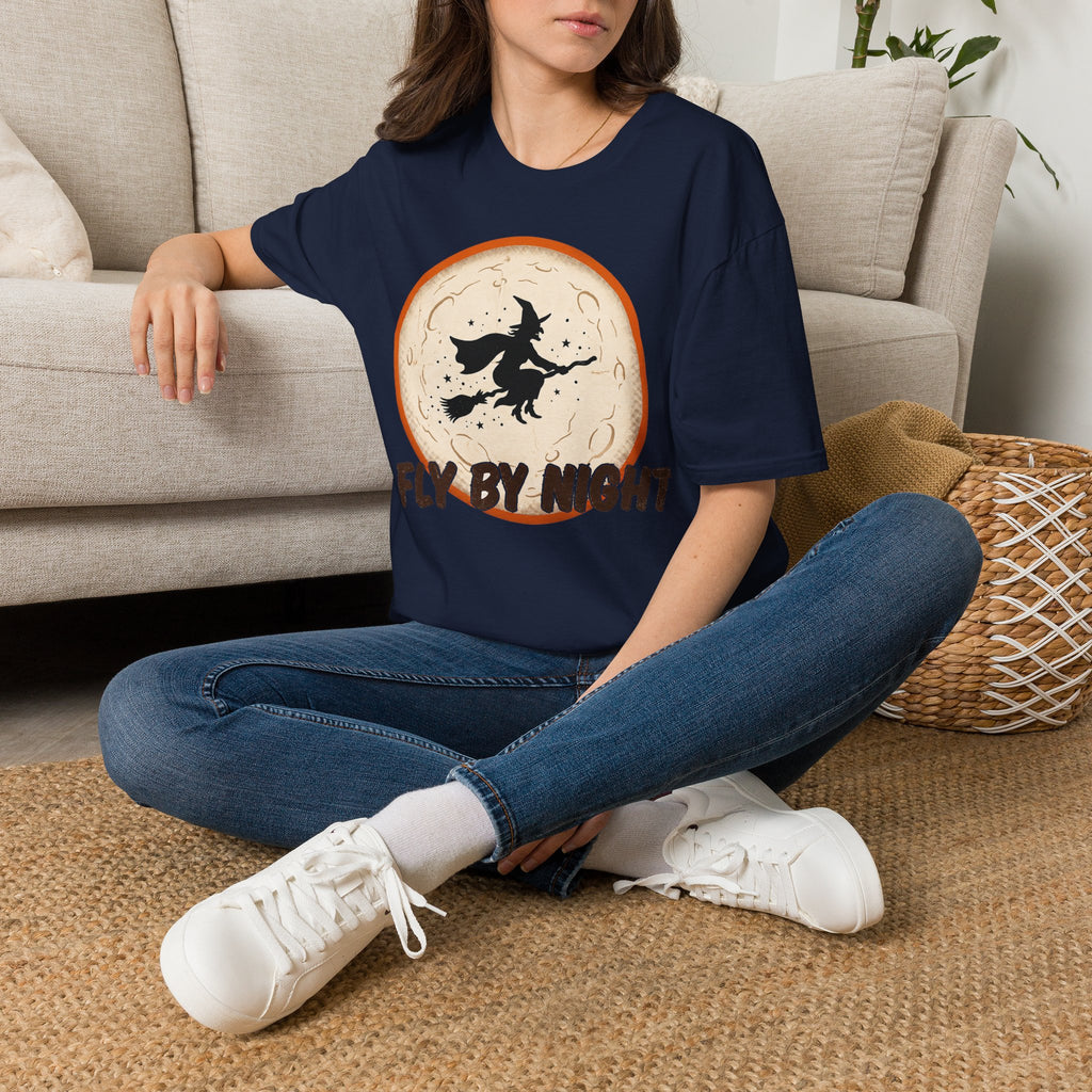Royal blue crew-neck T-shirt with witch silhouette graphic and 'Fly By Night' text