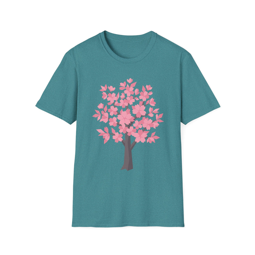 Cherry blossom tree T-shirt, pink floral design on teal front