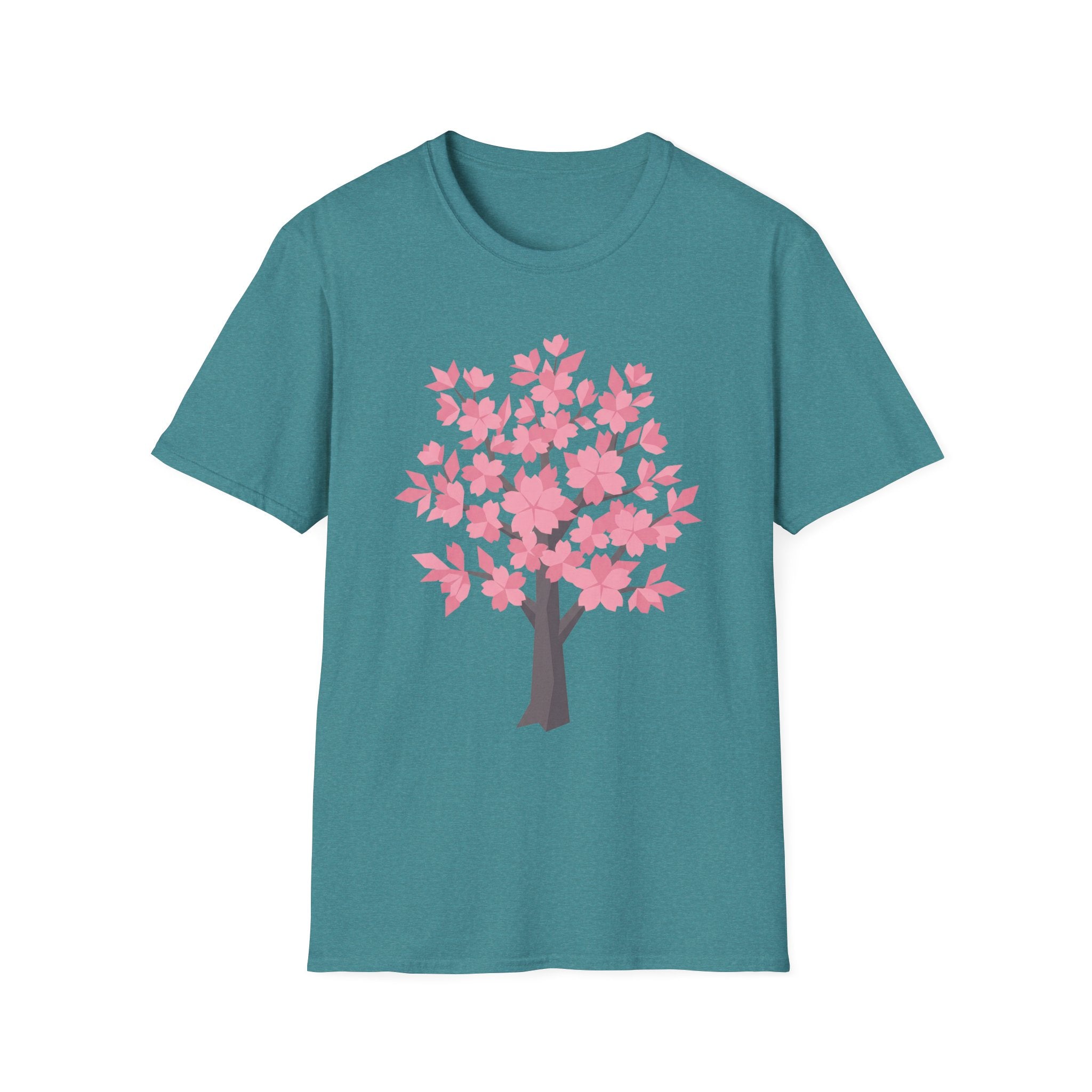 Cherry blossom tree T-shirt, pink floral design on teal front
