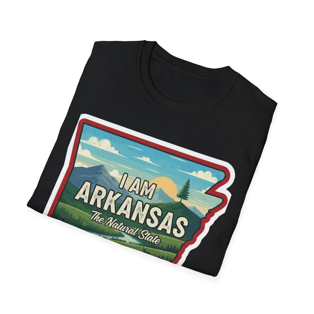 I Am Arkansas T-shirt, black, 'I AM ARKANSAS' landscape patch graphic