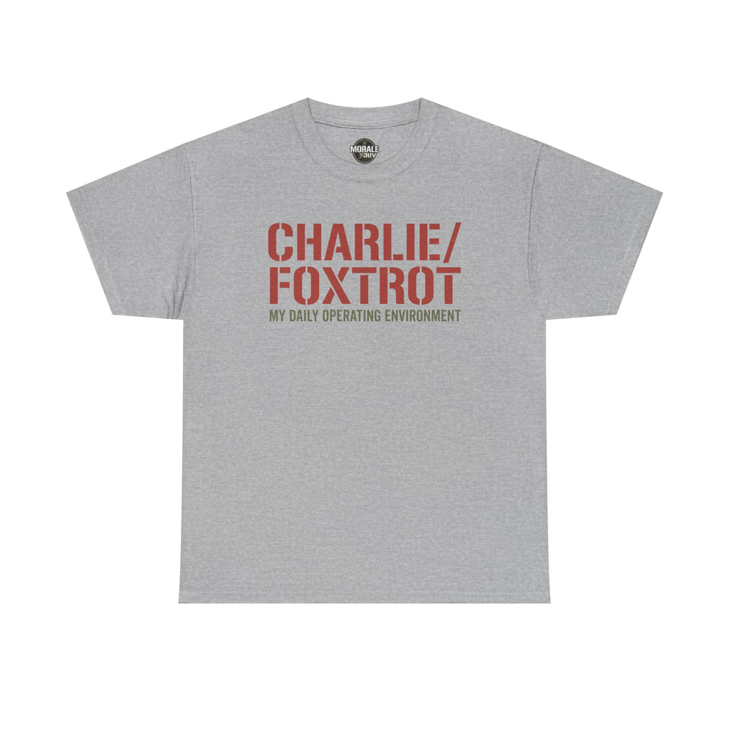 Gray T-shirt with “CHARLIE/FOXTROT” slogan and “MY DAILY OPERATING ENVIRONMENT” print