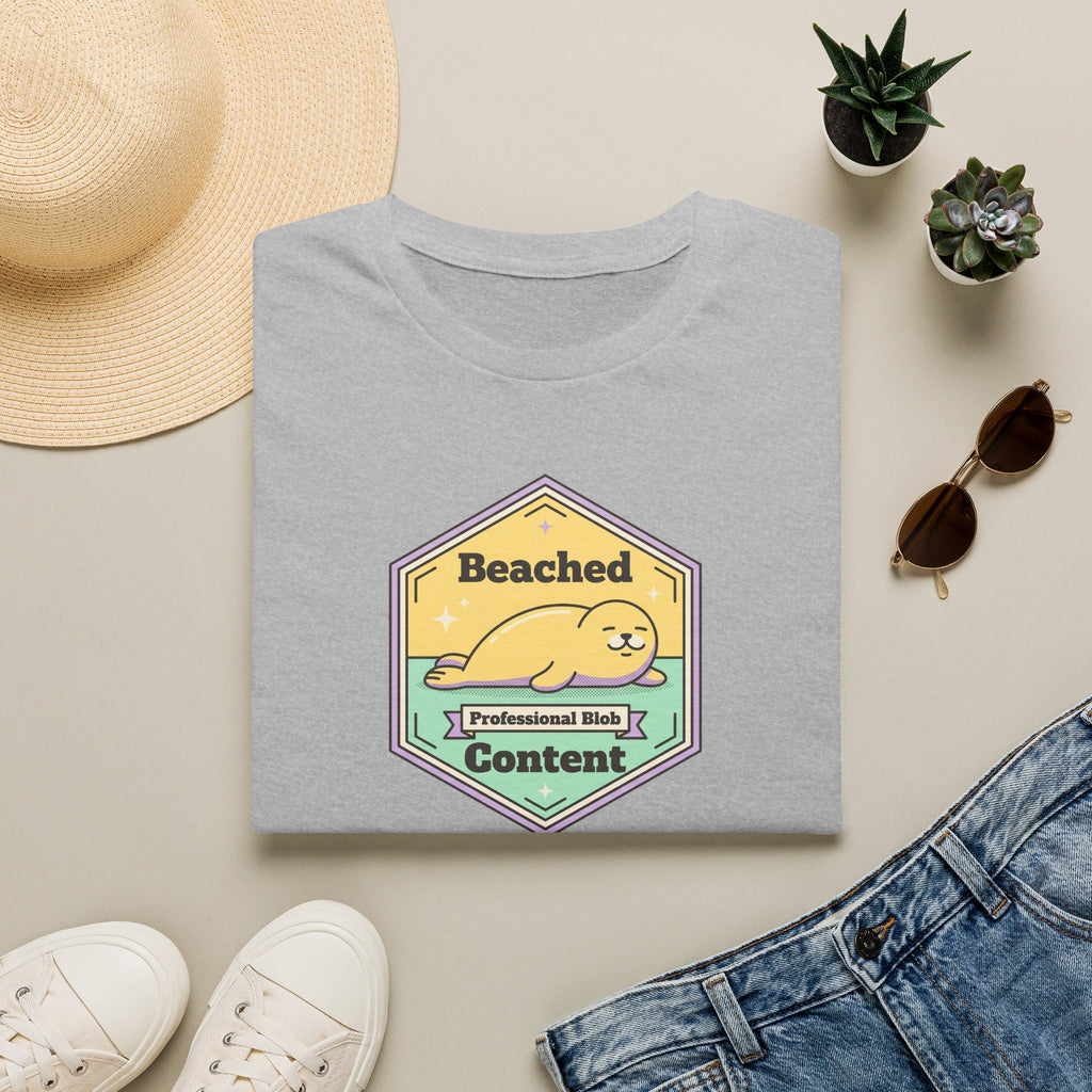 Light gray seal badge graphic T-shirt with 'Beached Content' text