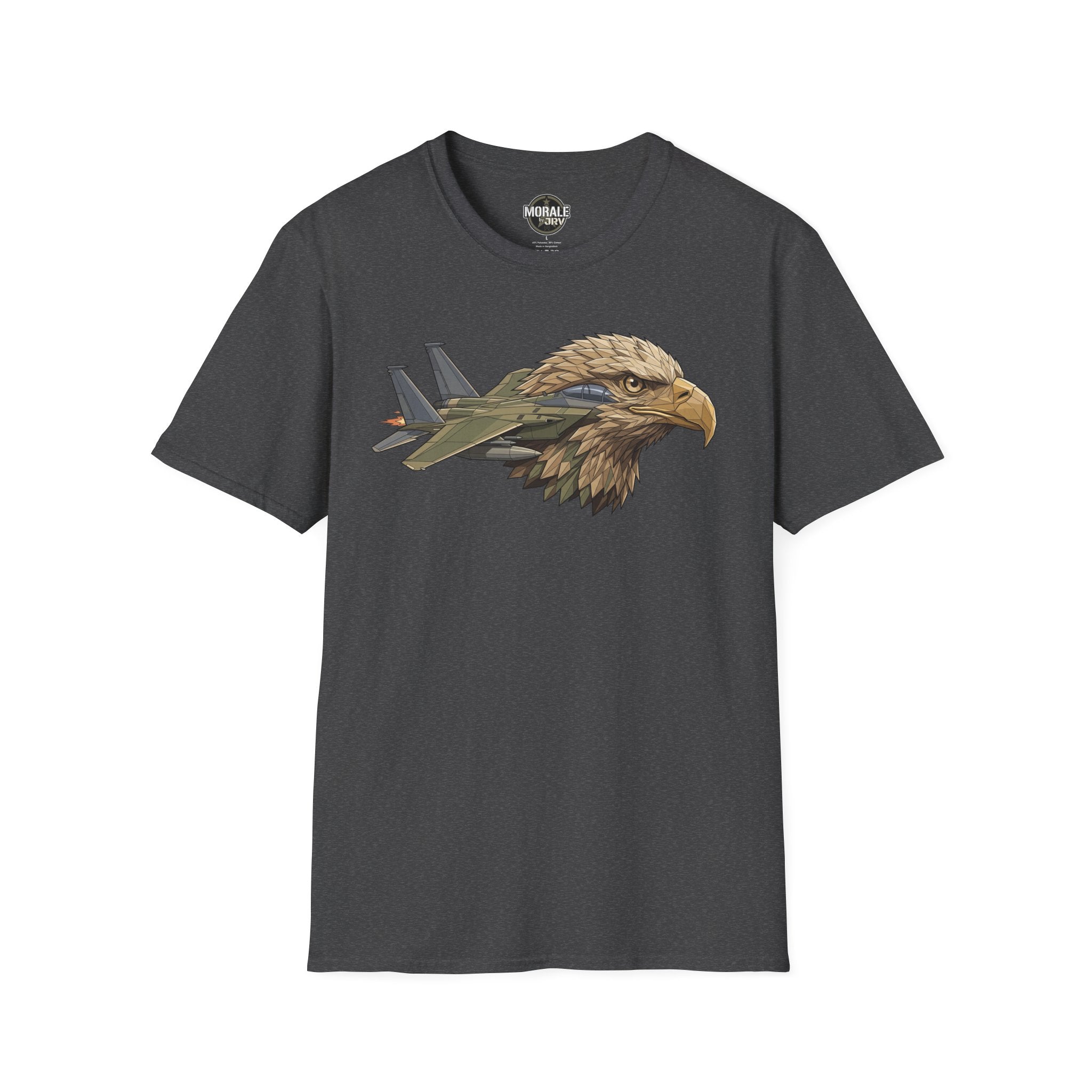 Dark heather gray t-shirt with eagle head and fighter jets graphic on the chest