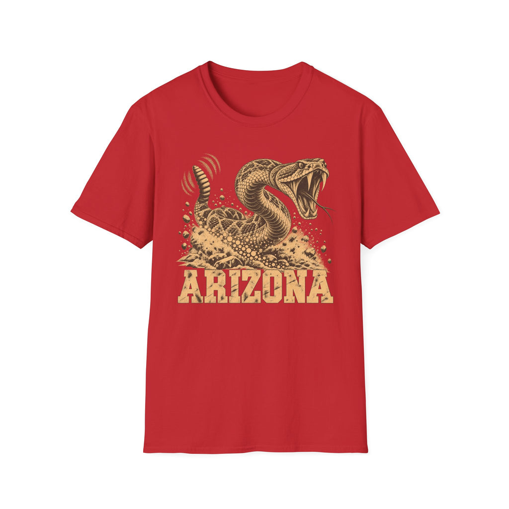 Men's red graphic T-shirt with coiled rattlesnake and 'ARIZONA' front print