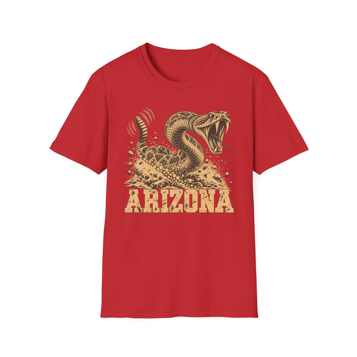 Men's red graphic T-shirt with coiled rattlesnake and 'ARIZONA' front print