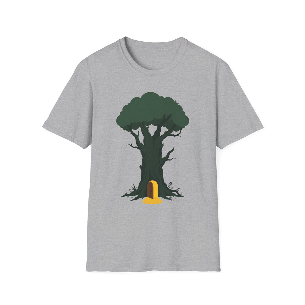Light gray T-shirt with enchanted tree and yellow door graphic