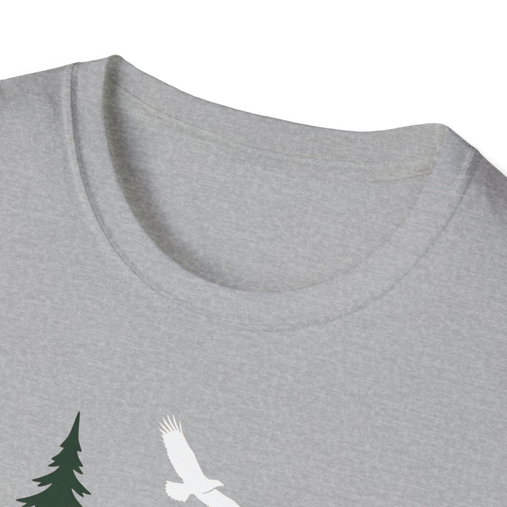 Heather gray crew-neck T-shirt neckline, partial pine tree and bird print