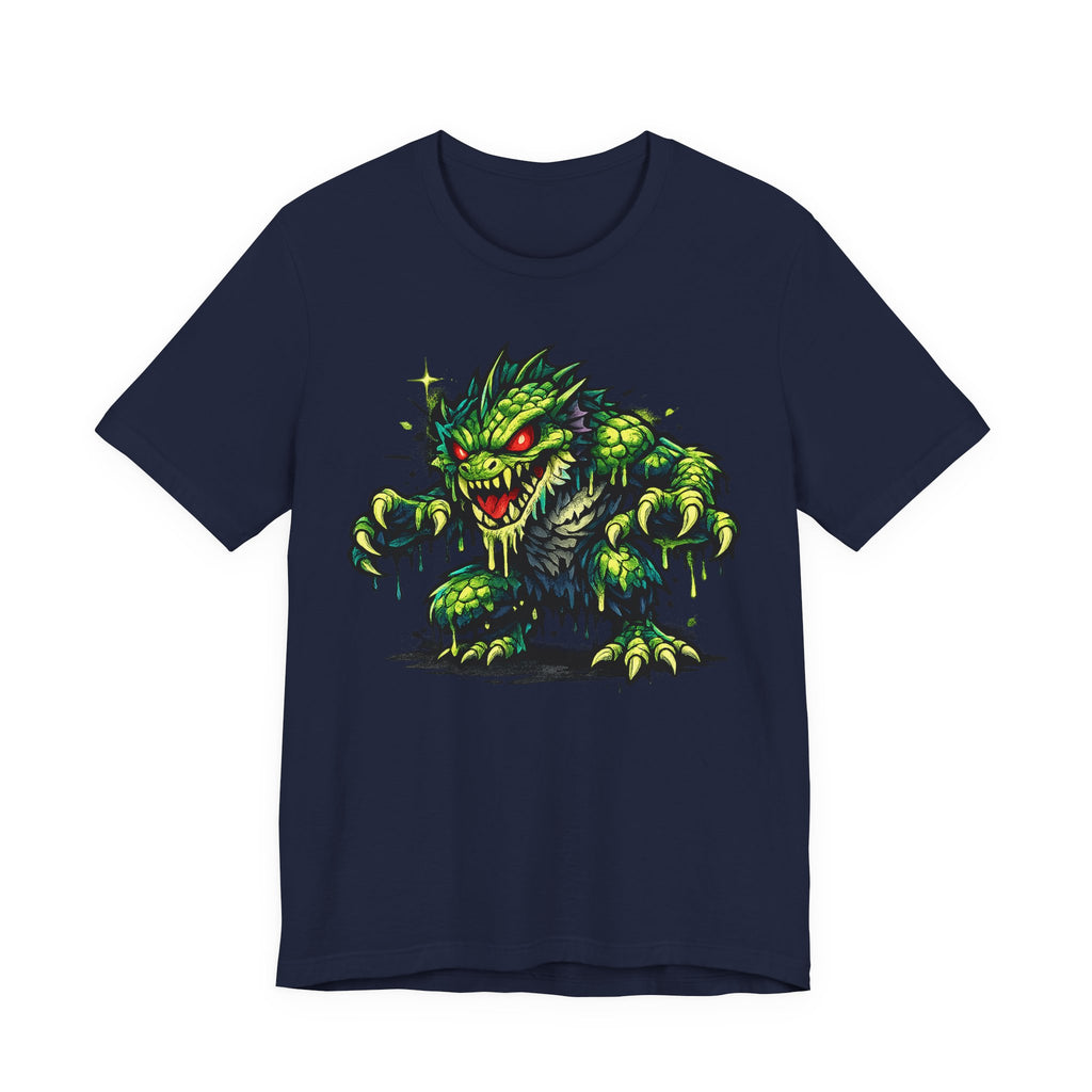 Navy T-shirt with green swamp monster illustration graphic on front