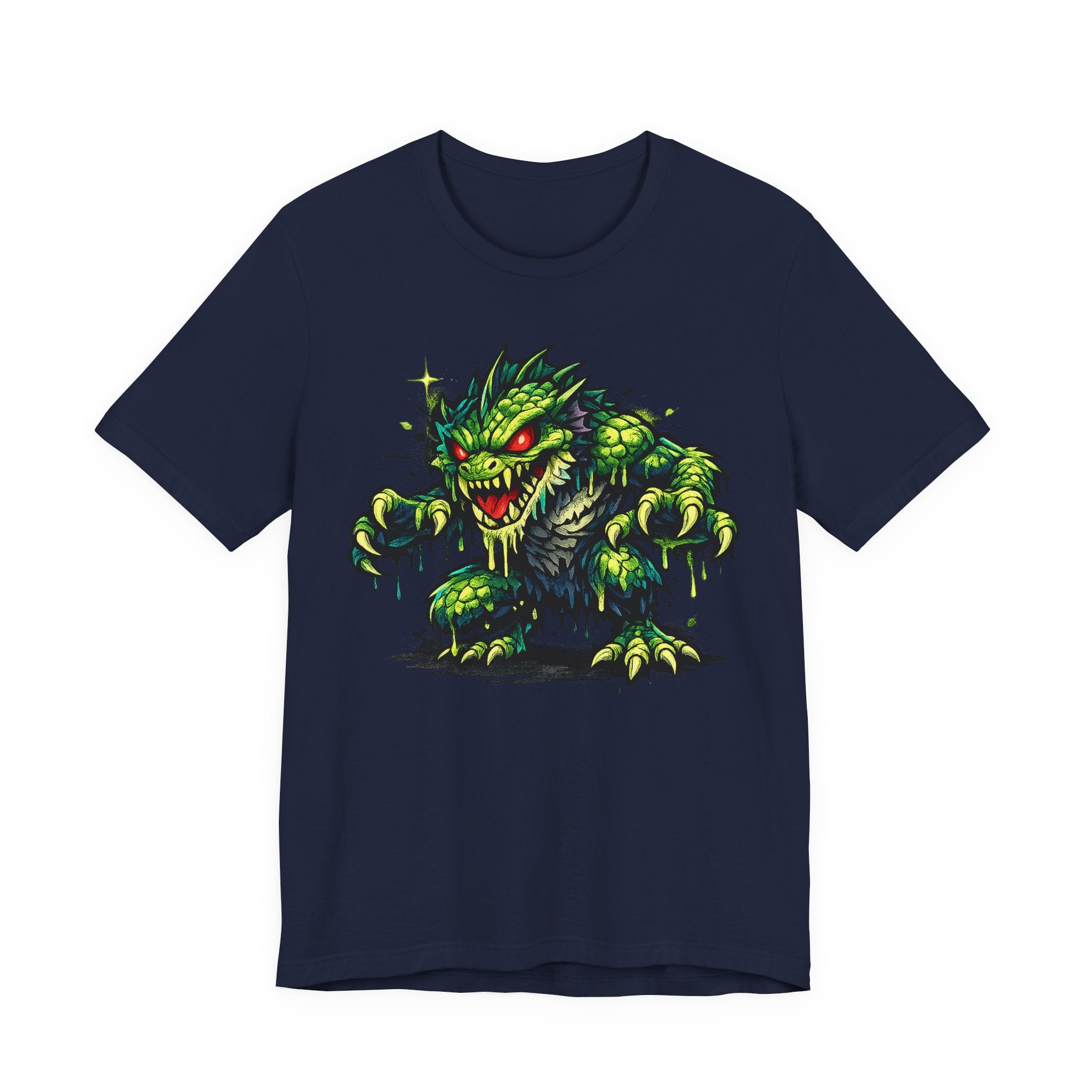 Navy T-shirt with green swamp monster illustration graphic on front