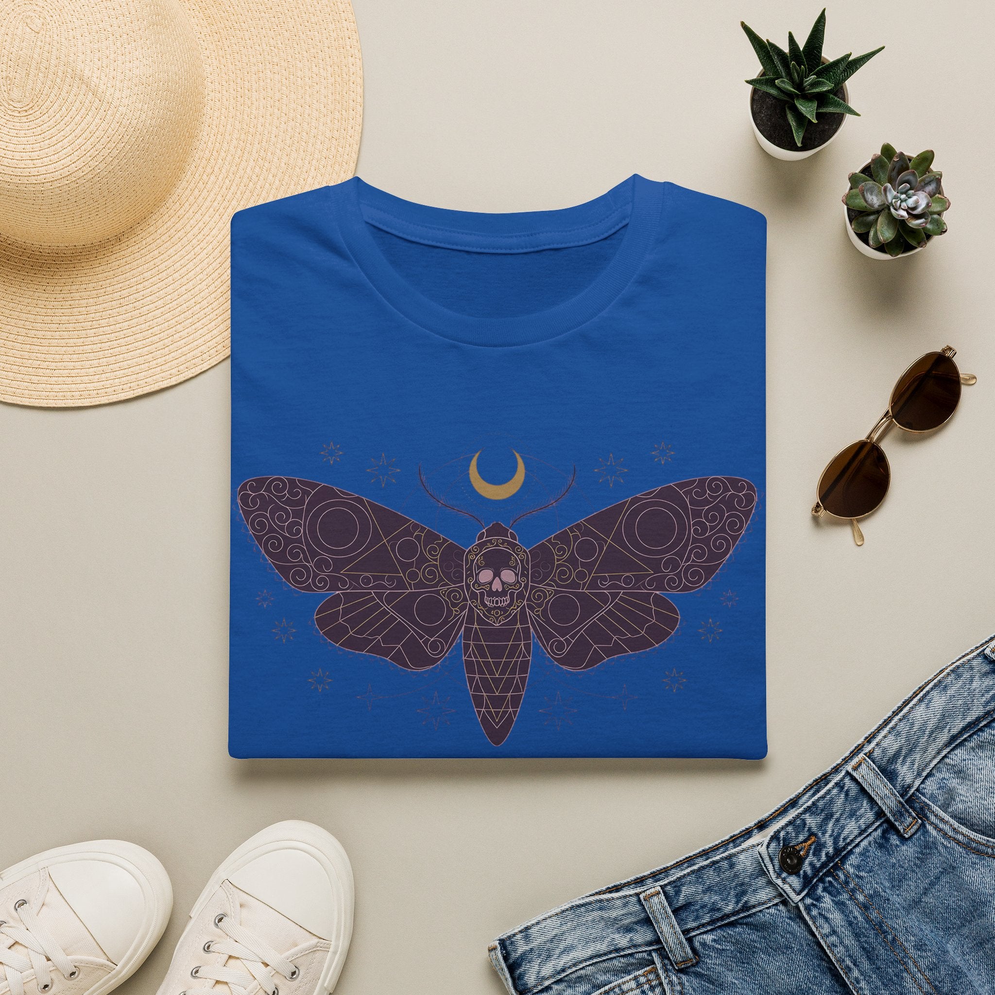 Royal blue moth skull graphic T-shirt with crescent moon and purple wings