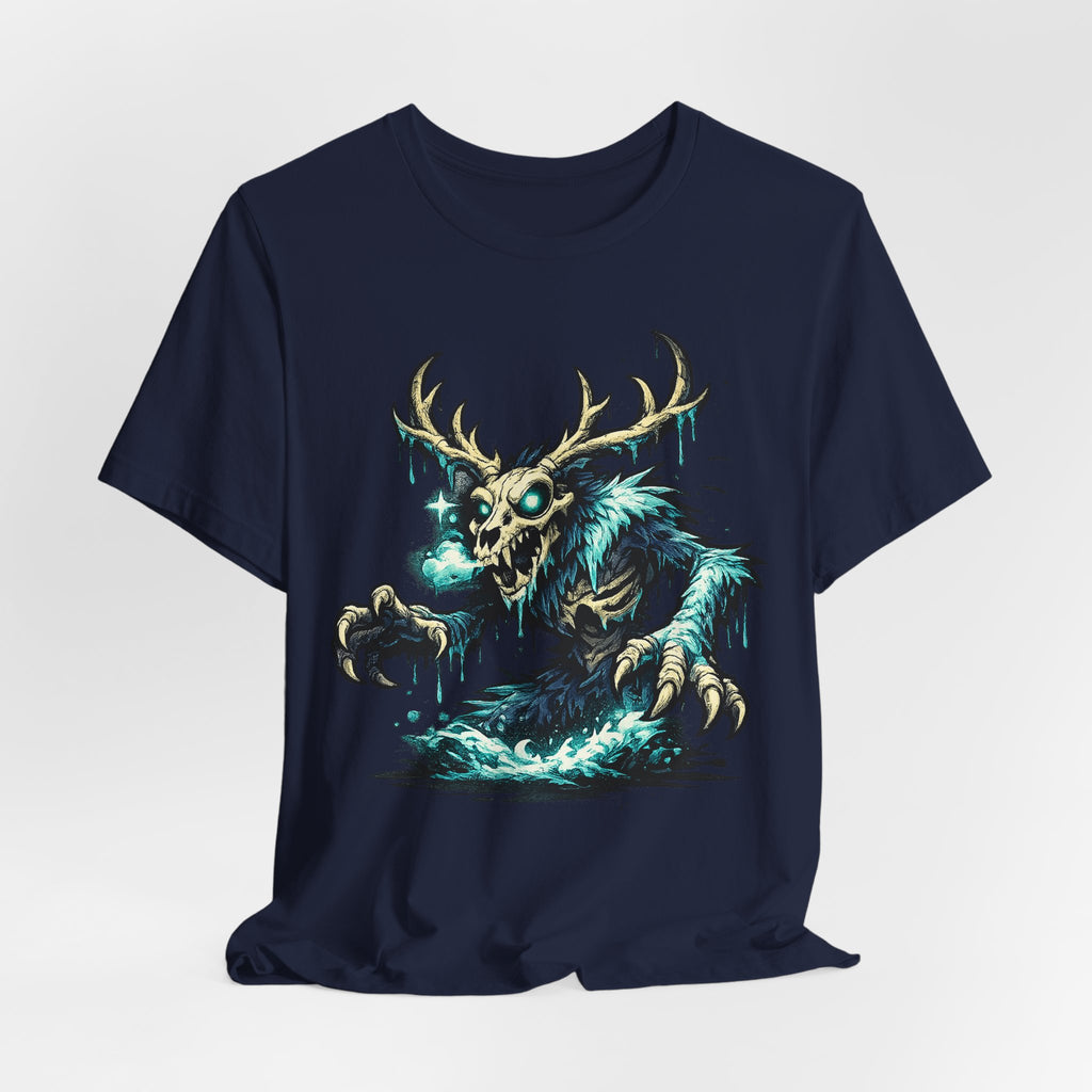 Navy monster T-shirt featuring glowing skull deer with antlers, crew neck