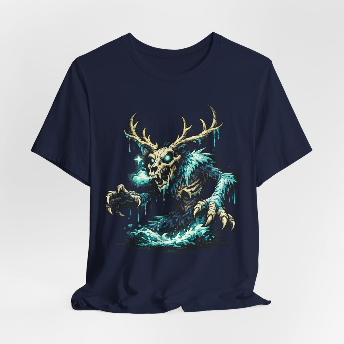 Navy monster T-shirt featuring glowing skull deer with antlers, crew neck