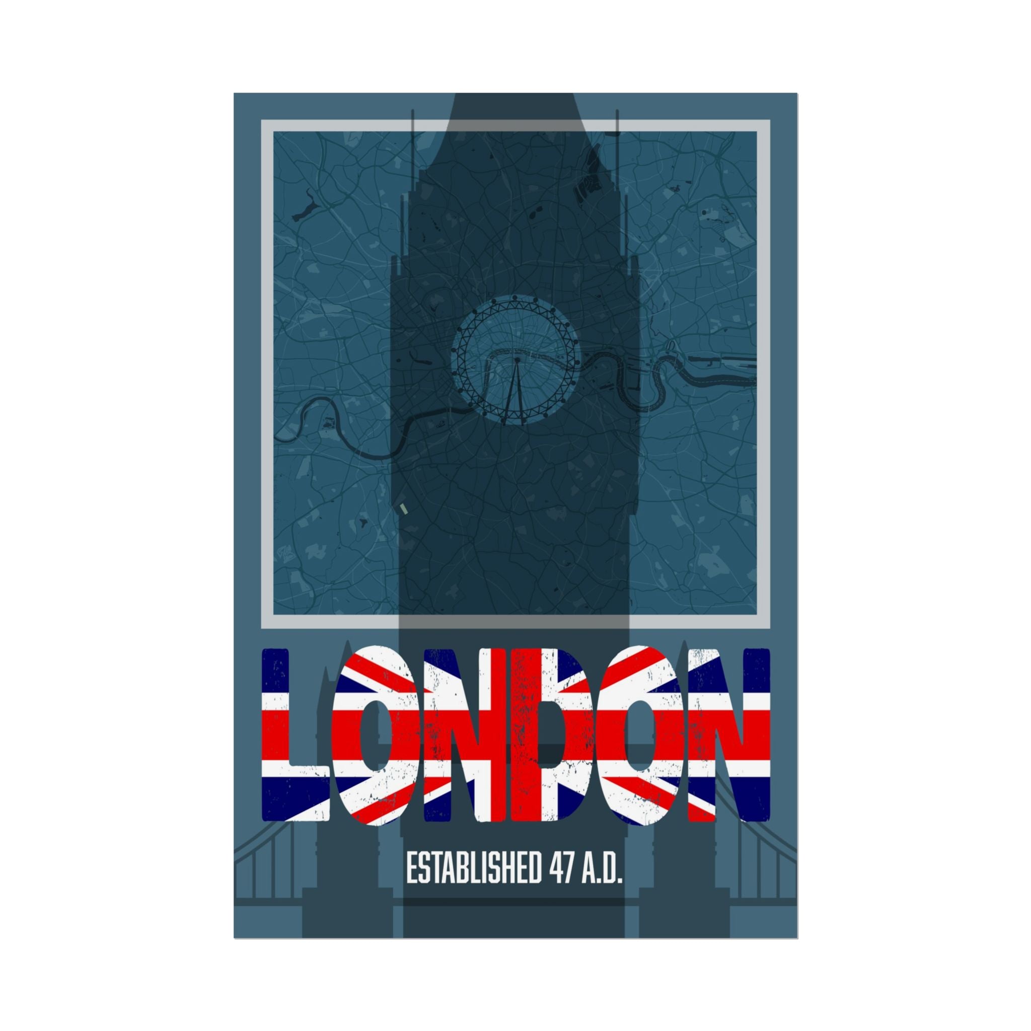 London shadow art print showing Union Jack “LONDON” letters and “Established 47 A.D.”
