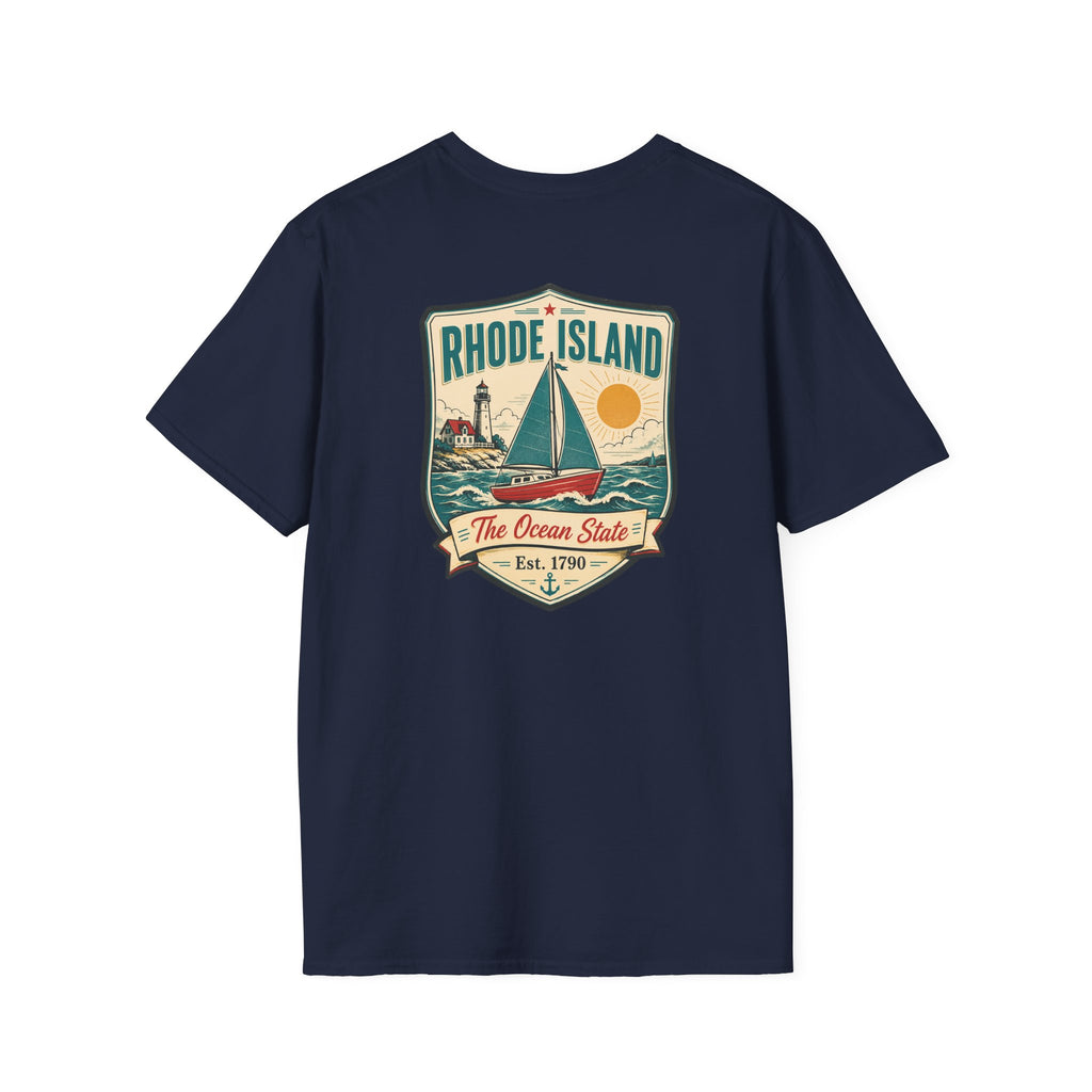 Sailboat graphic t-shirt, navy, with Rhode Island emblem front print
