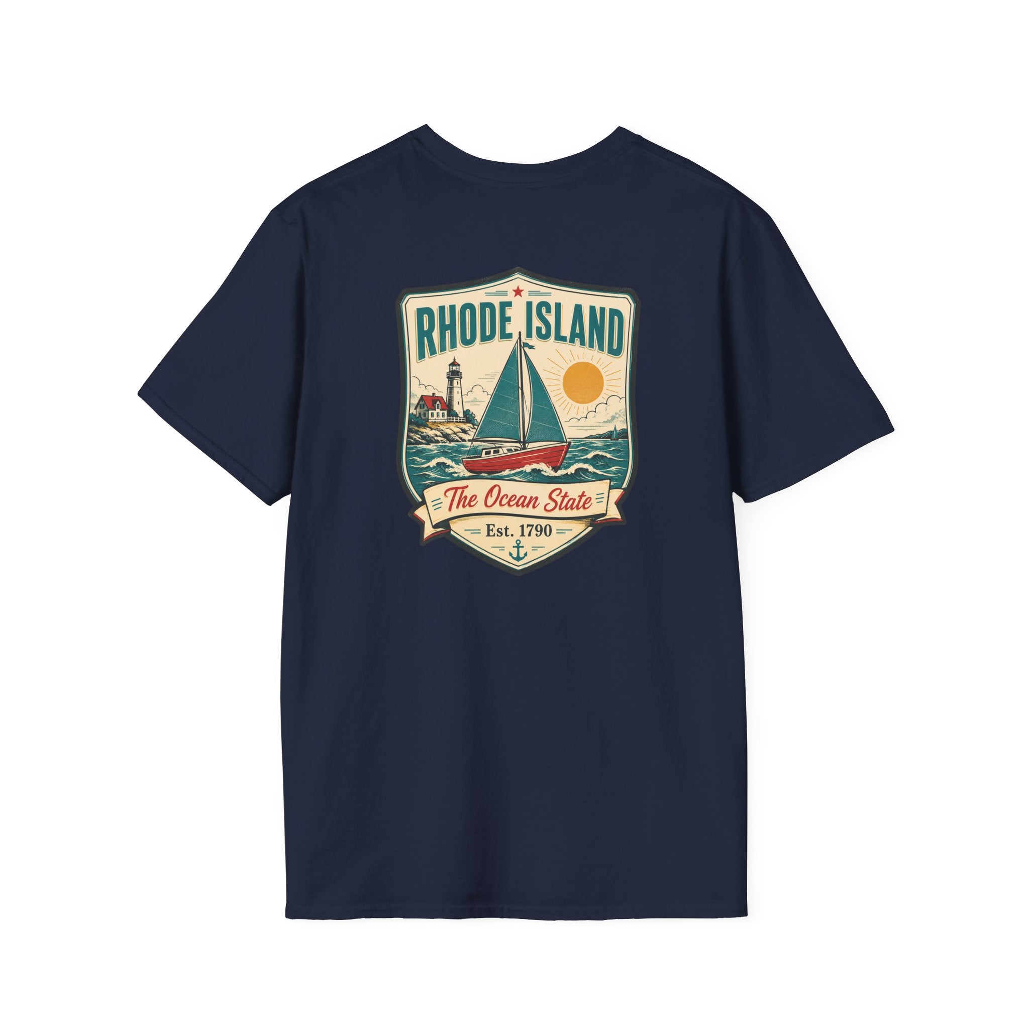 Sailboat graphic t-shirt, navy, with Rhode Island emblem front print