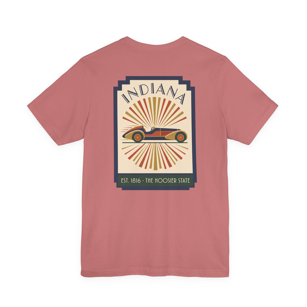 Rose T-shirt with centered vintage Indiana racecar graphic in a square frame.