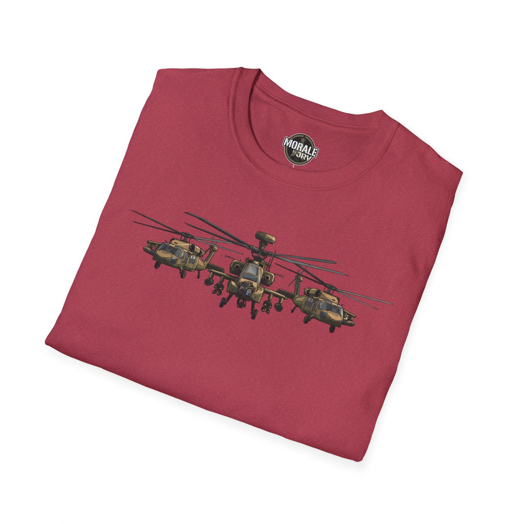 Maroon T-Shirt mit Apache-Helikopter-Formationsgrafik am Vorderteil