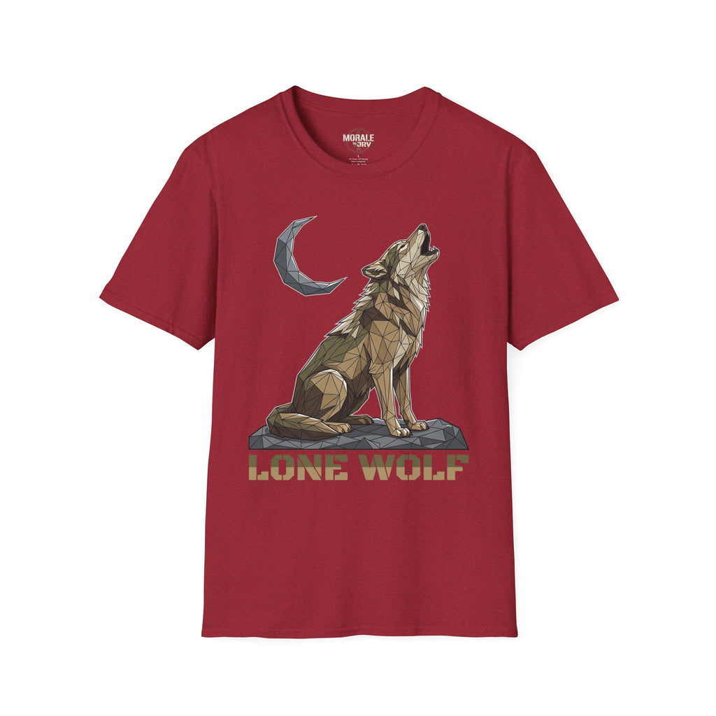 Burgundy red T-shirt with geometric lone wolf howling, moon icon, and “LONE WOLF”