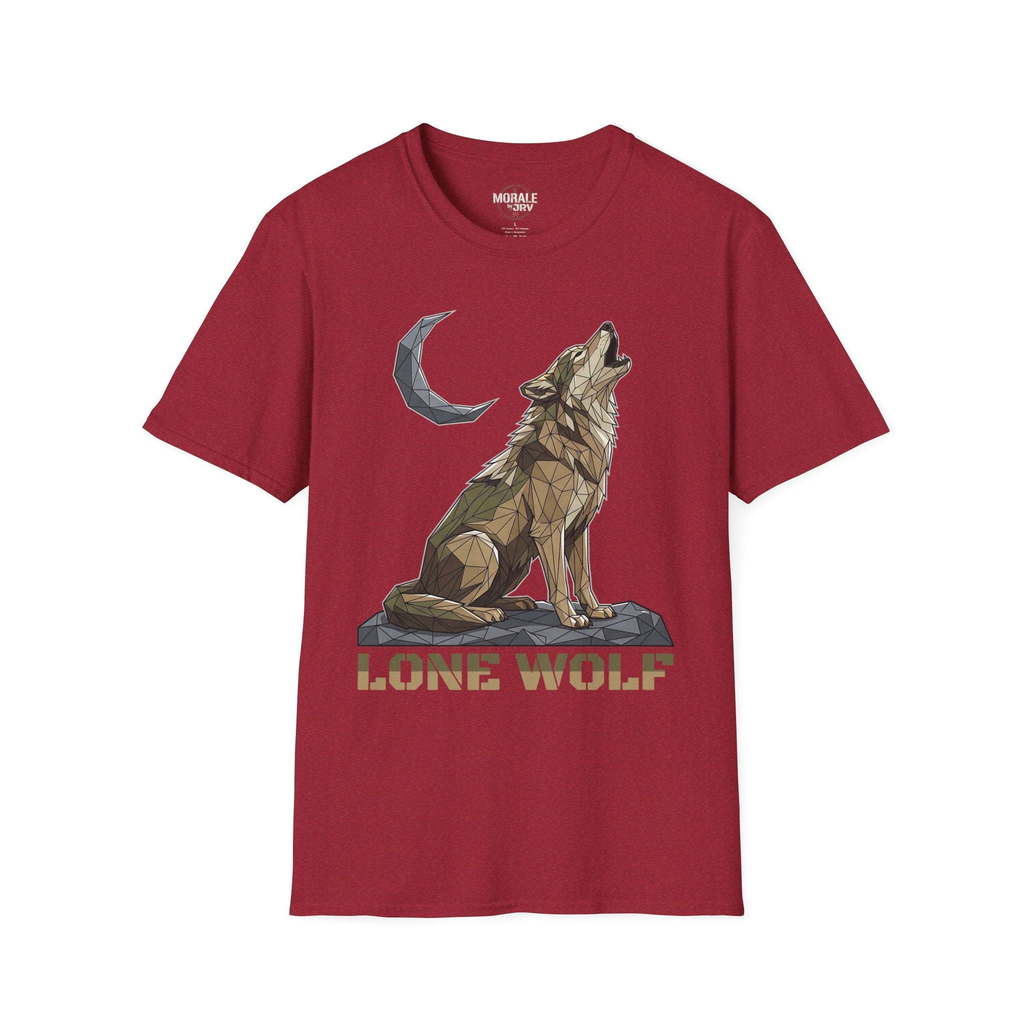 Burgundy red T-shirt with geometric lone wolf howling, moon icon, and “LONE WOLF”