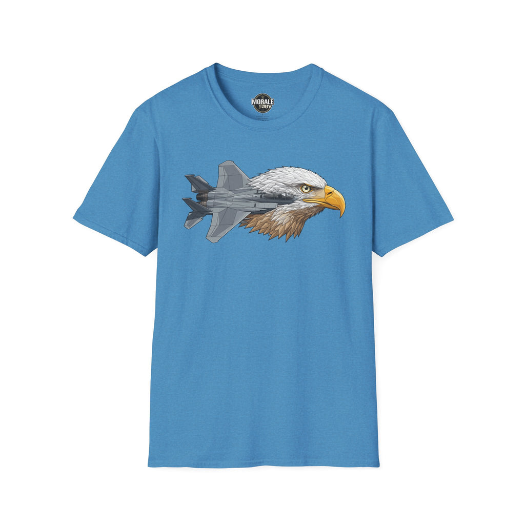 Blue T-shirt with eagle head and fighter jet graphic