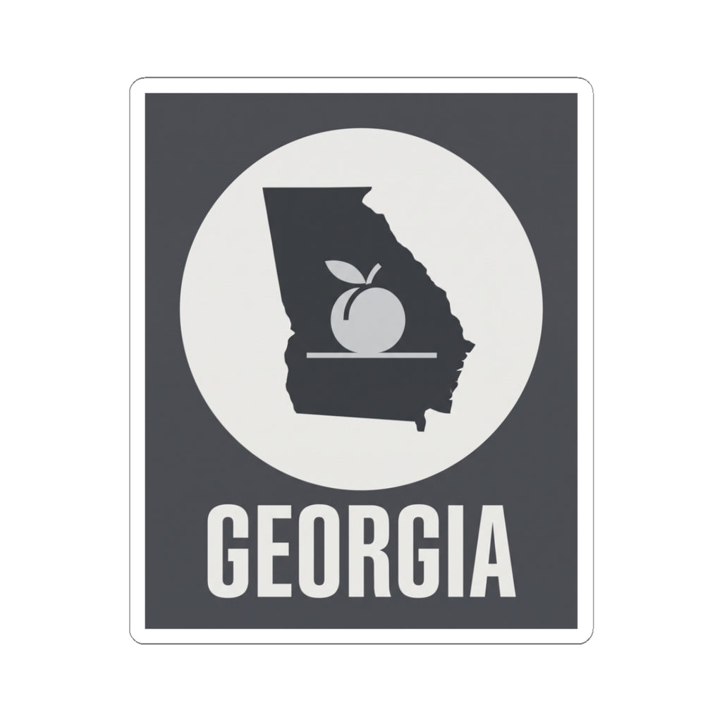 Square black-and-white vinyl sticker with Georgia text and state outline peach icon.