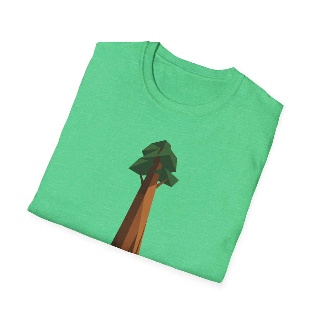 Bright green T-shirt with geometric redwood tree graphic, low-poly design