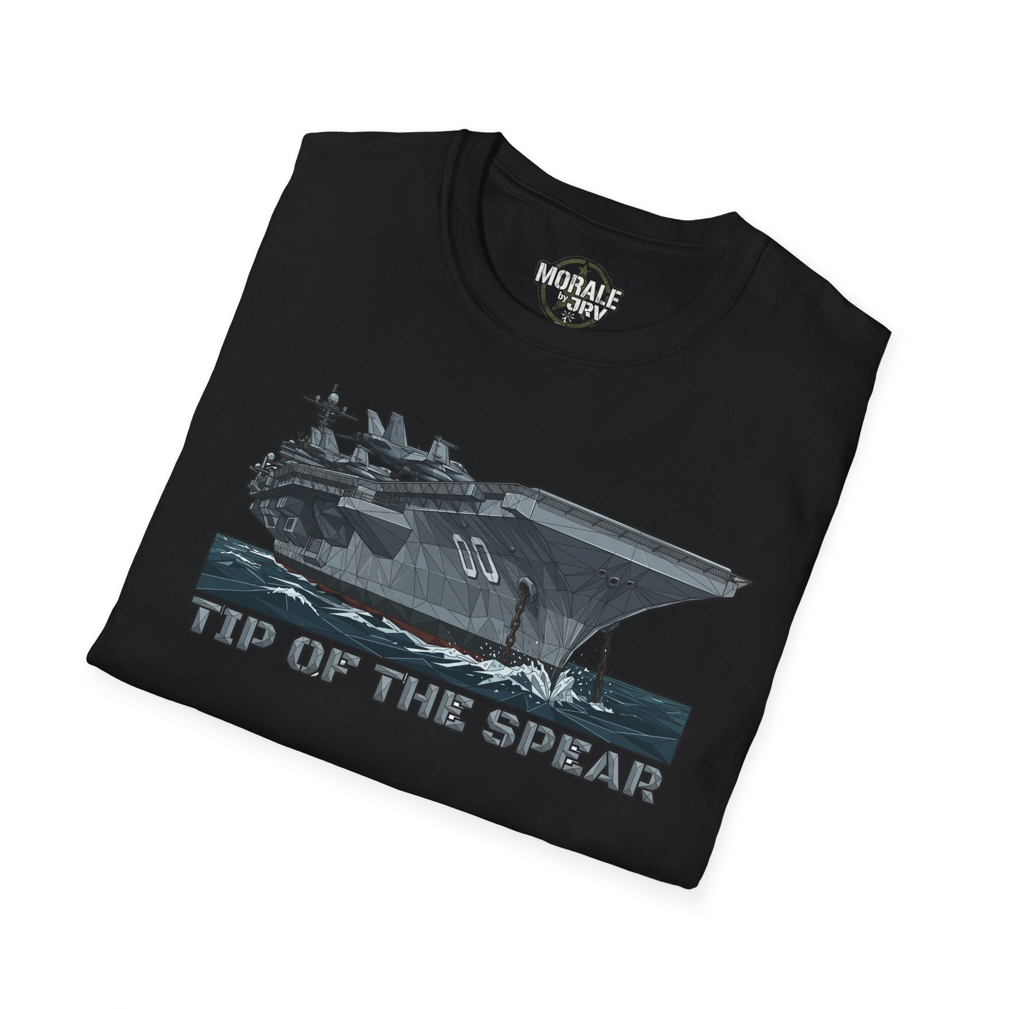 Black T-shirt with aircraft carrier graphic and “TIP OF THE SPEAR” text