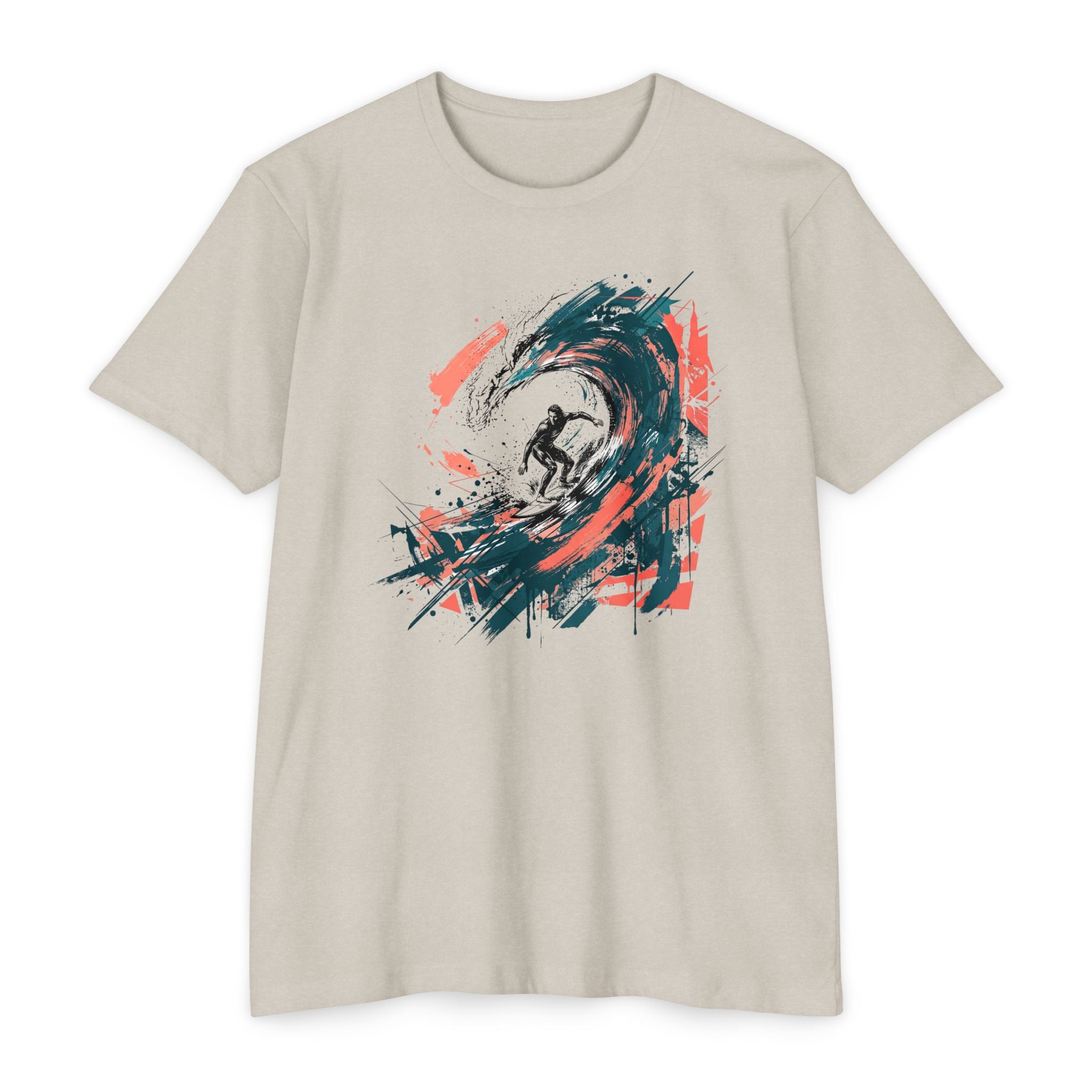 Unisex T-shirt in light gray with abstract surfer wave paintbrush graphic on front.