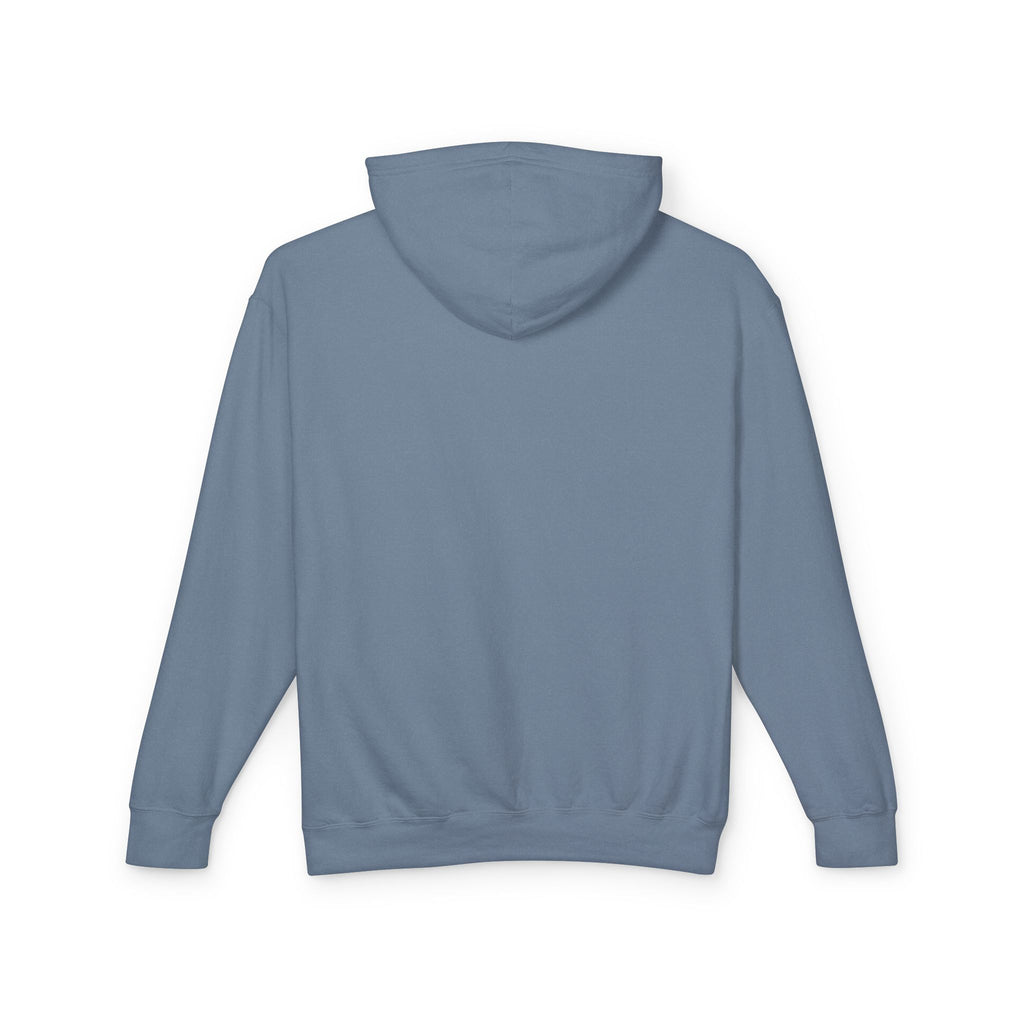 Blue pullover hoodie with hood and long sleeves, front view without graphic