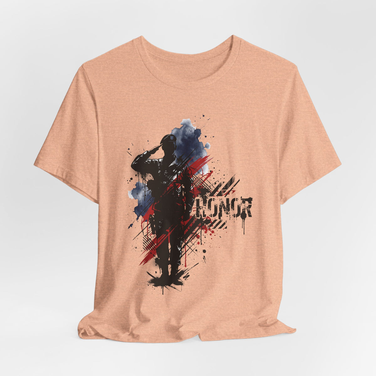 Peach crew-neck T-shirt featuring soldier silhouette patriotic artwork