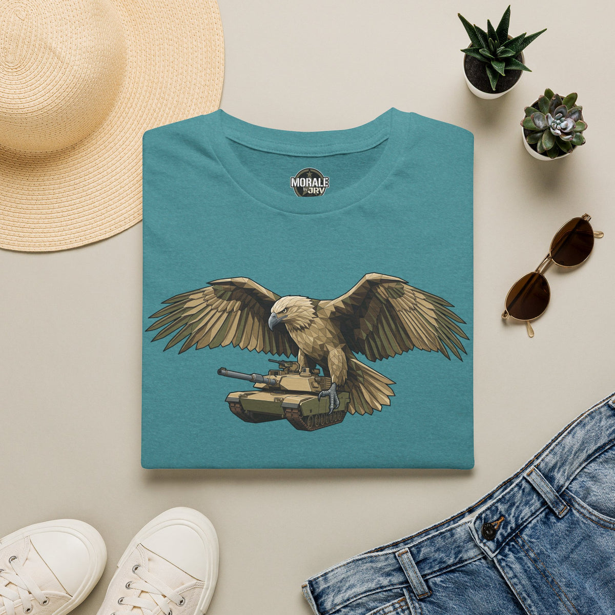 Teal crew-neck t-shirt with realistic eagle and military tank graphic on front