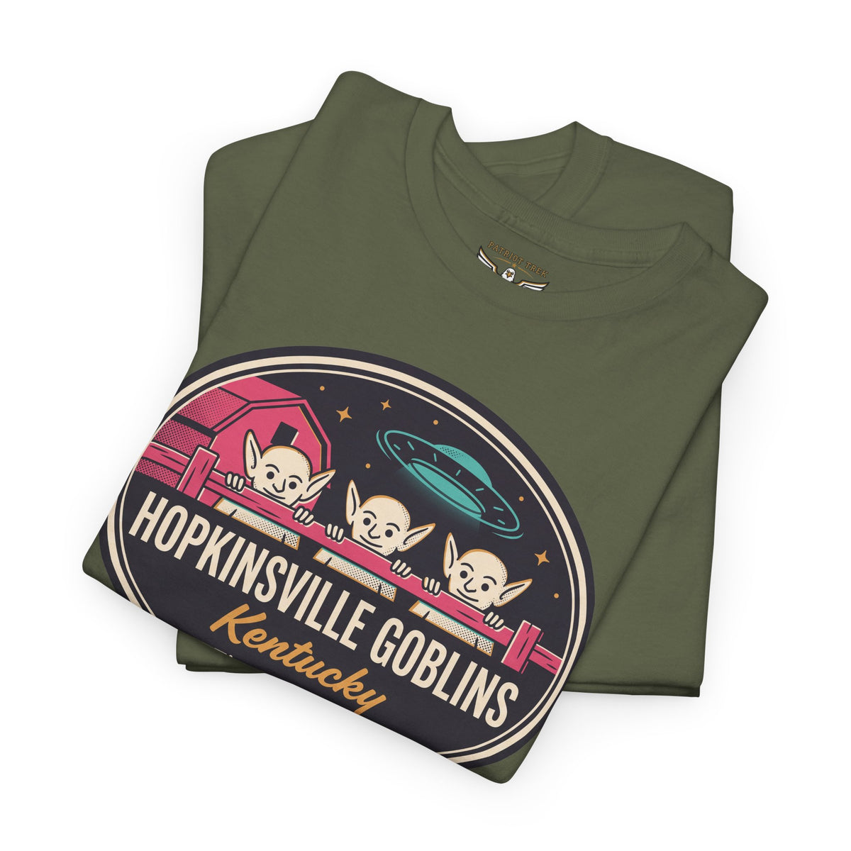 Military green T-shirt with colorful goblins and UFO circular graphic logo print