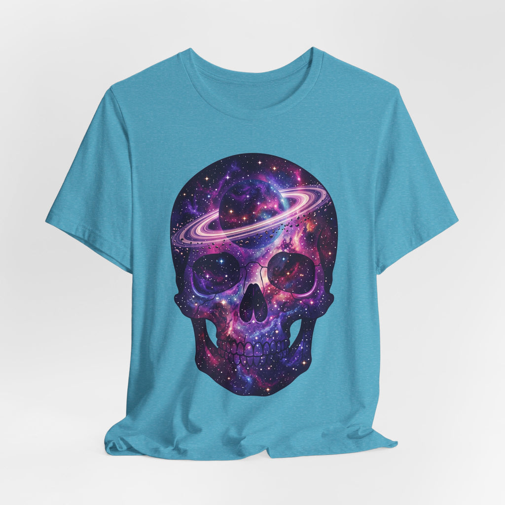 Galaxy skull T-shirt in heather aqua, purple cosmic skull with planet ring front graphic