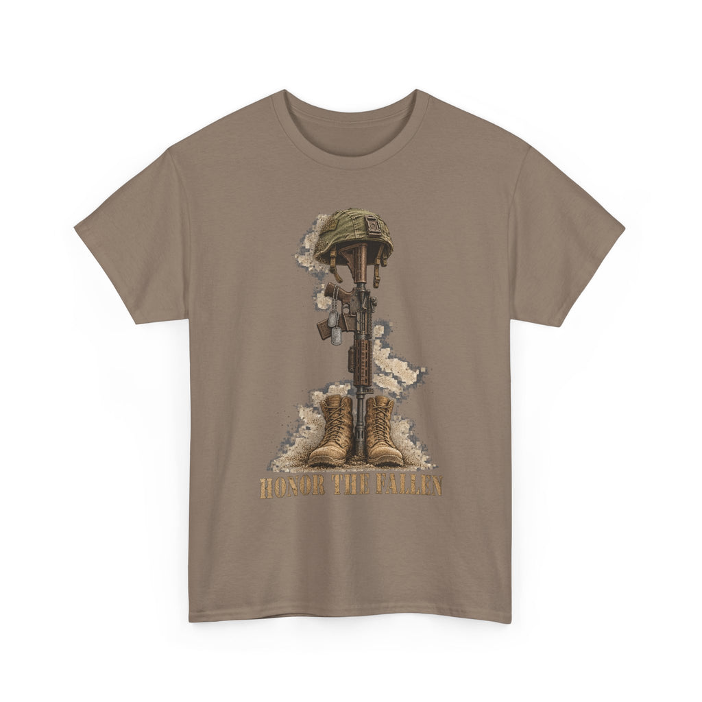 Brown crew-neck T-shirt with fallen soldier helmet, rifle, boots graphic and “HONOR THE FALLEN”