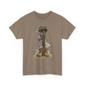 Brown crew-neck T-shirt with fallen soldier helmet, rifle, boots graphic and “HONOR THE FALLEN”