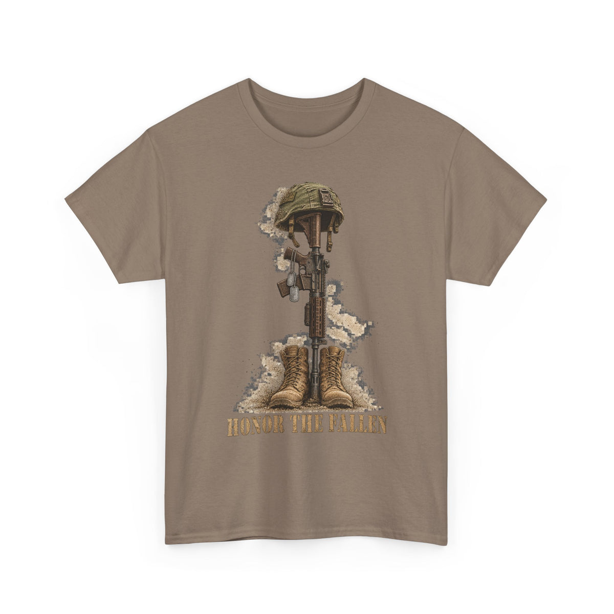 Brown crew-neck T-shirt with fallen soldier helmet, rifle, boots graphic and “HONOR THE FALLEN”