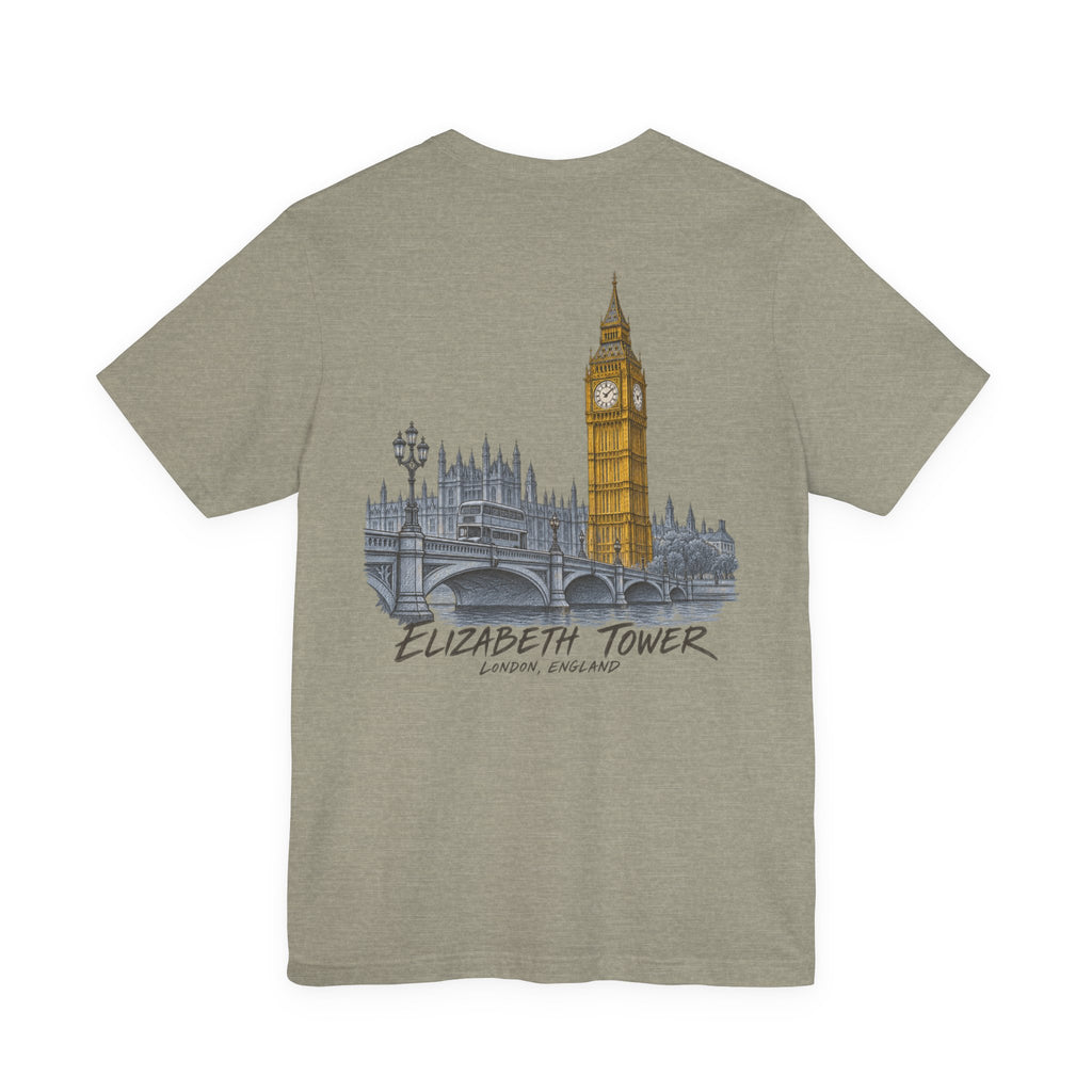 Heather olive T-shirt with vintage illustration of the Elizabeth Tower and text graphic