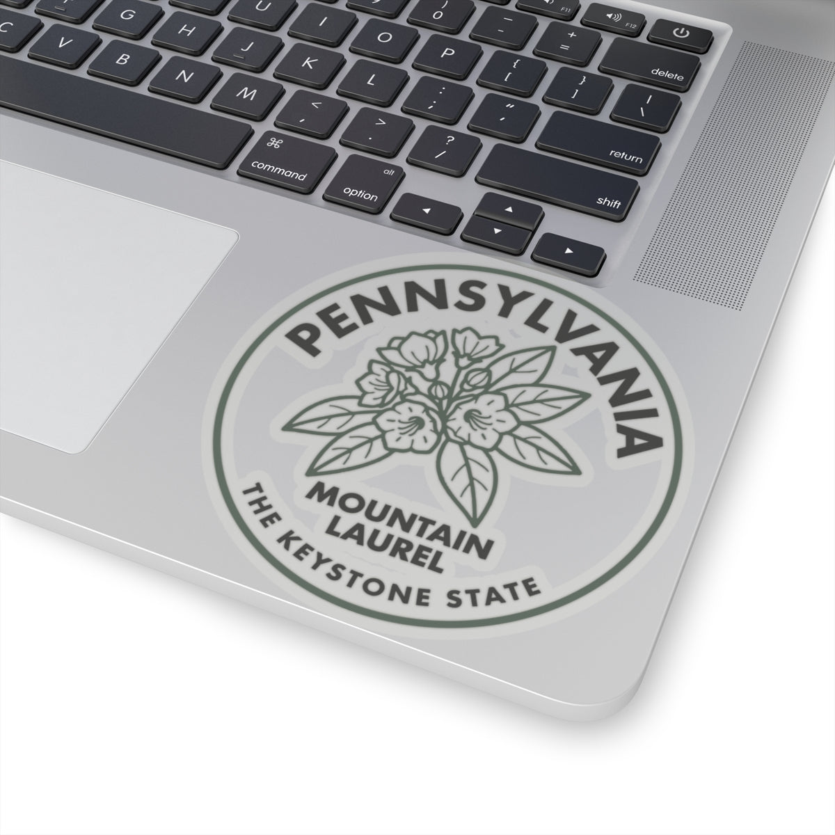 Transparent vinyl sticker on laptop, circular Pennsylvania Mountain Laurel emblem close-up