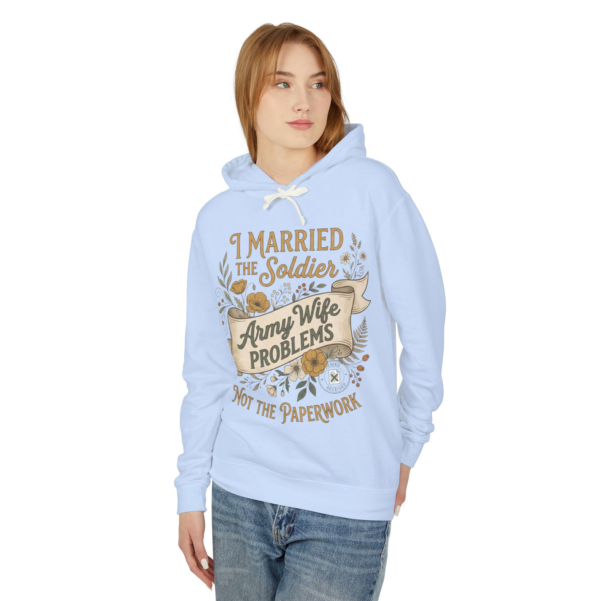 Light blue pullover hoodie with hood and drawstrings, front graphic print, long sleeves