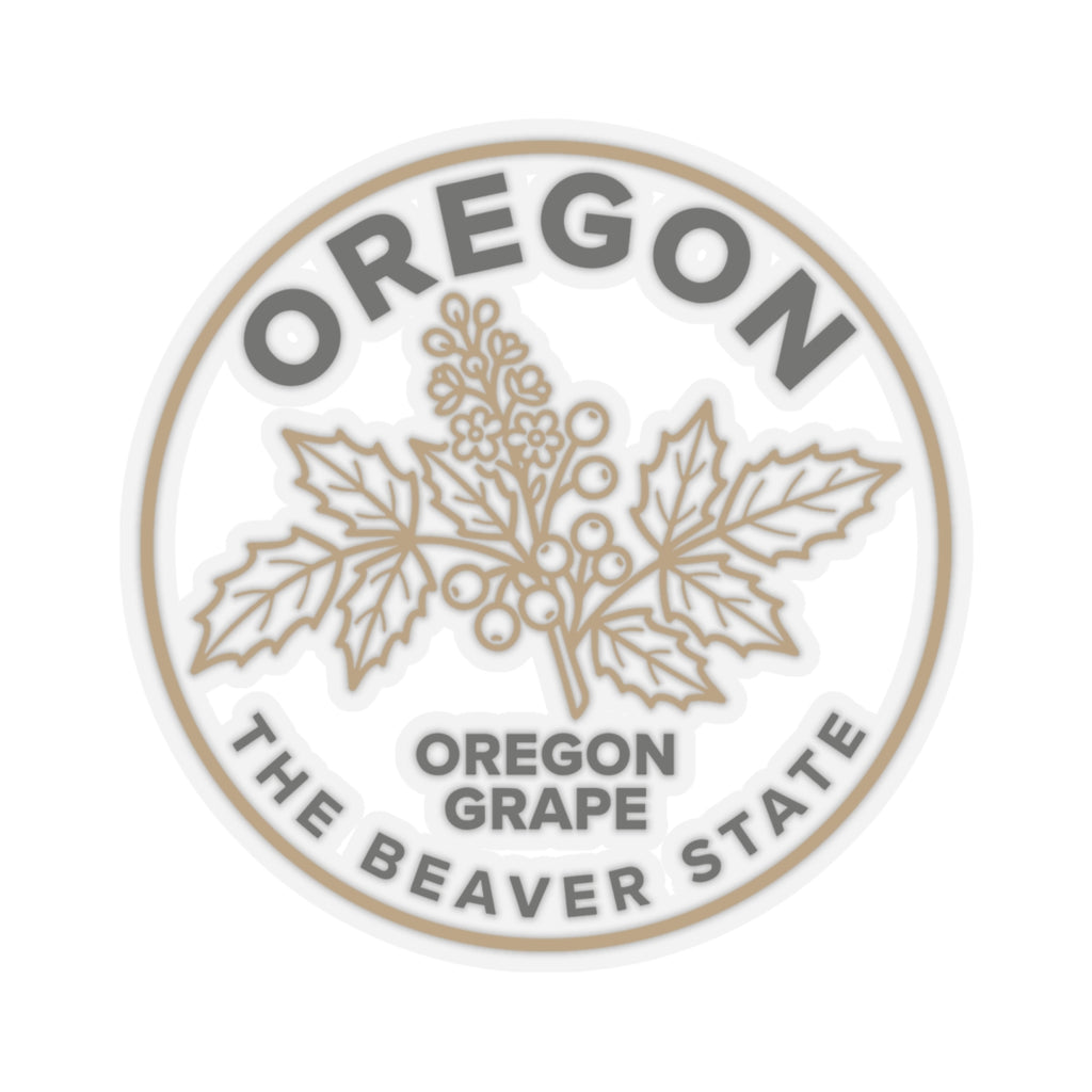 Round Oregon grape state sticker with illustrated grape leaves and the words 'OREGON' around it