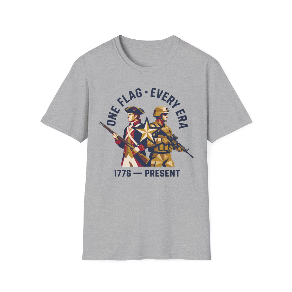 Gray military graphic t-shirt with soldier and '1776–present' emblem