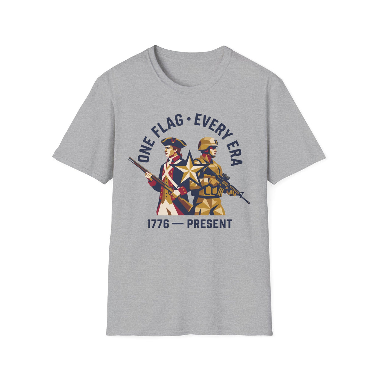 Gray military graphic t-shirt with soldier and '1776–present' emblem