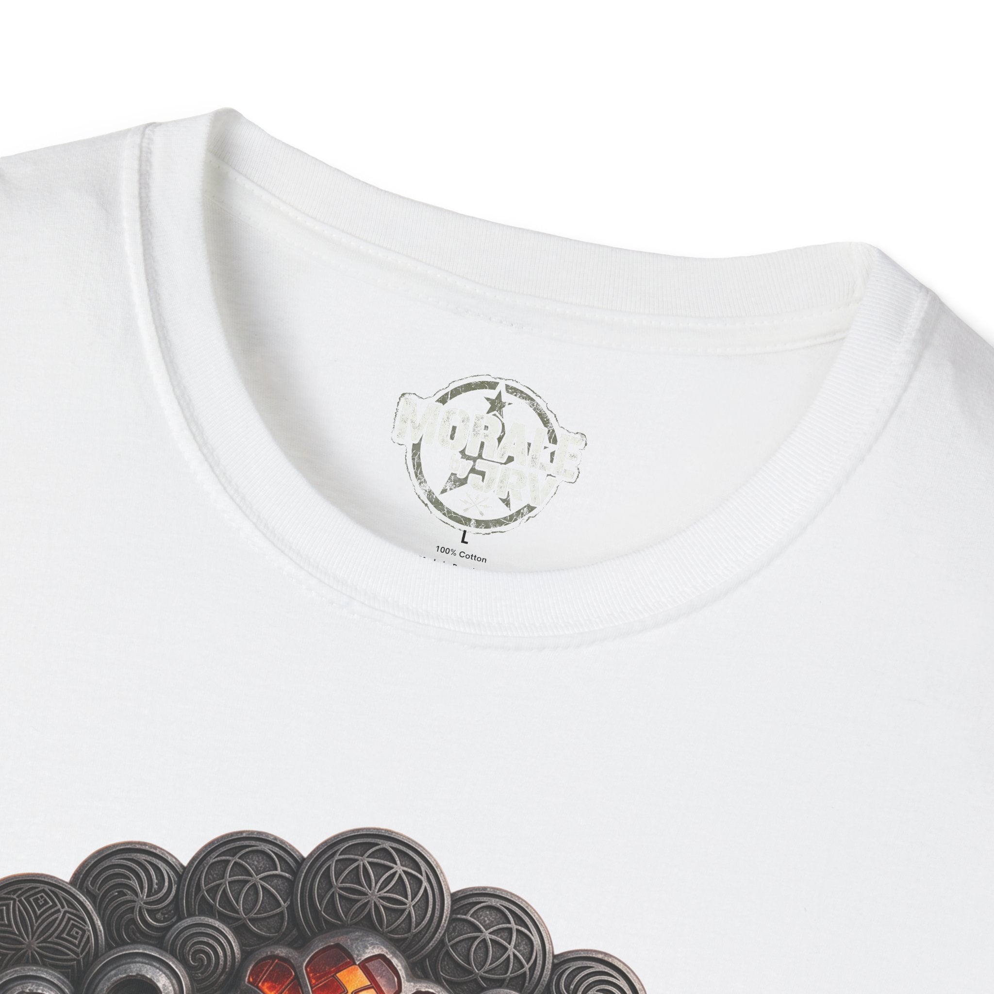 White T-shirt close-up: crew neck label and partial erupting volcano smoke graphic