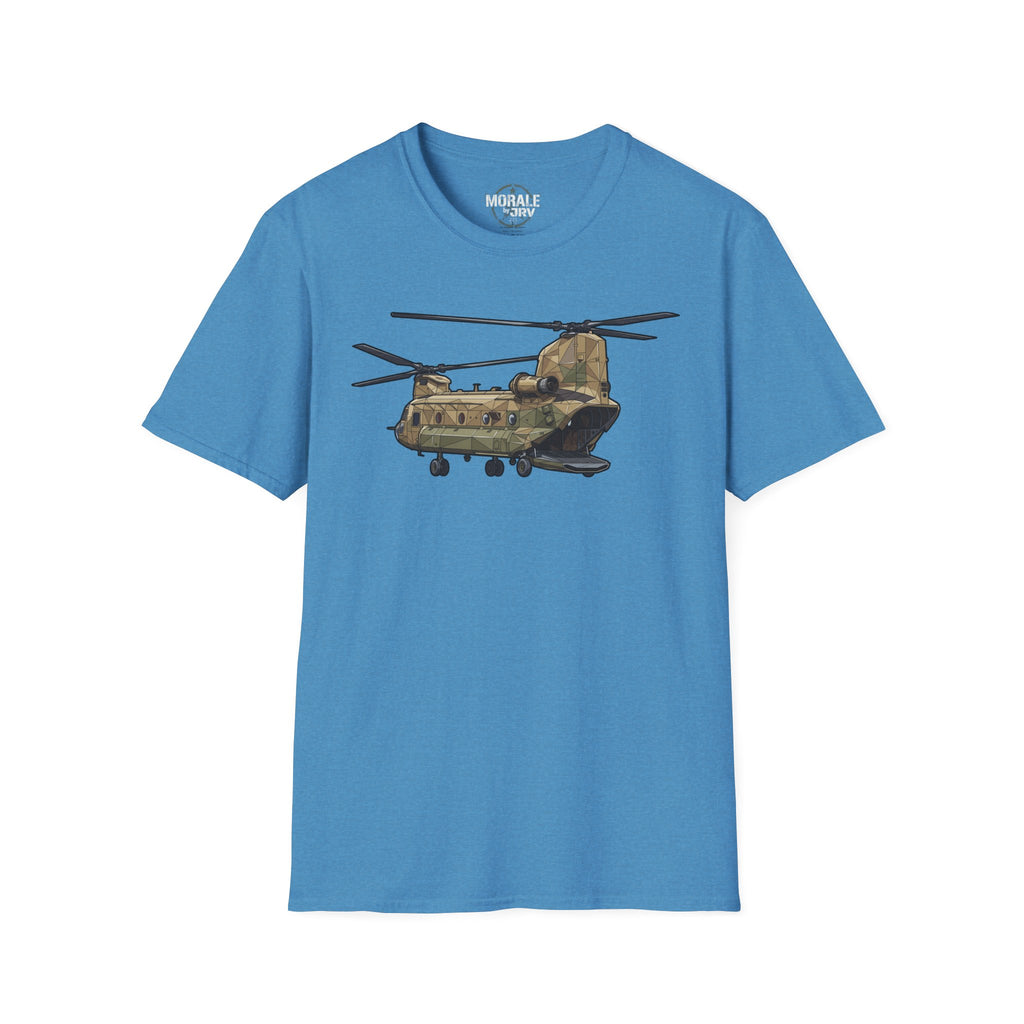 CH-47 T-shirt blue with tan/green military helicopter graphic centered